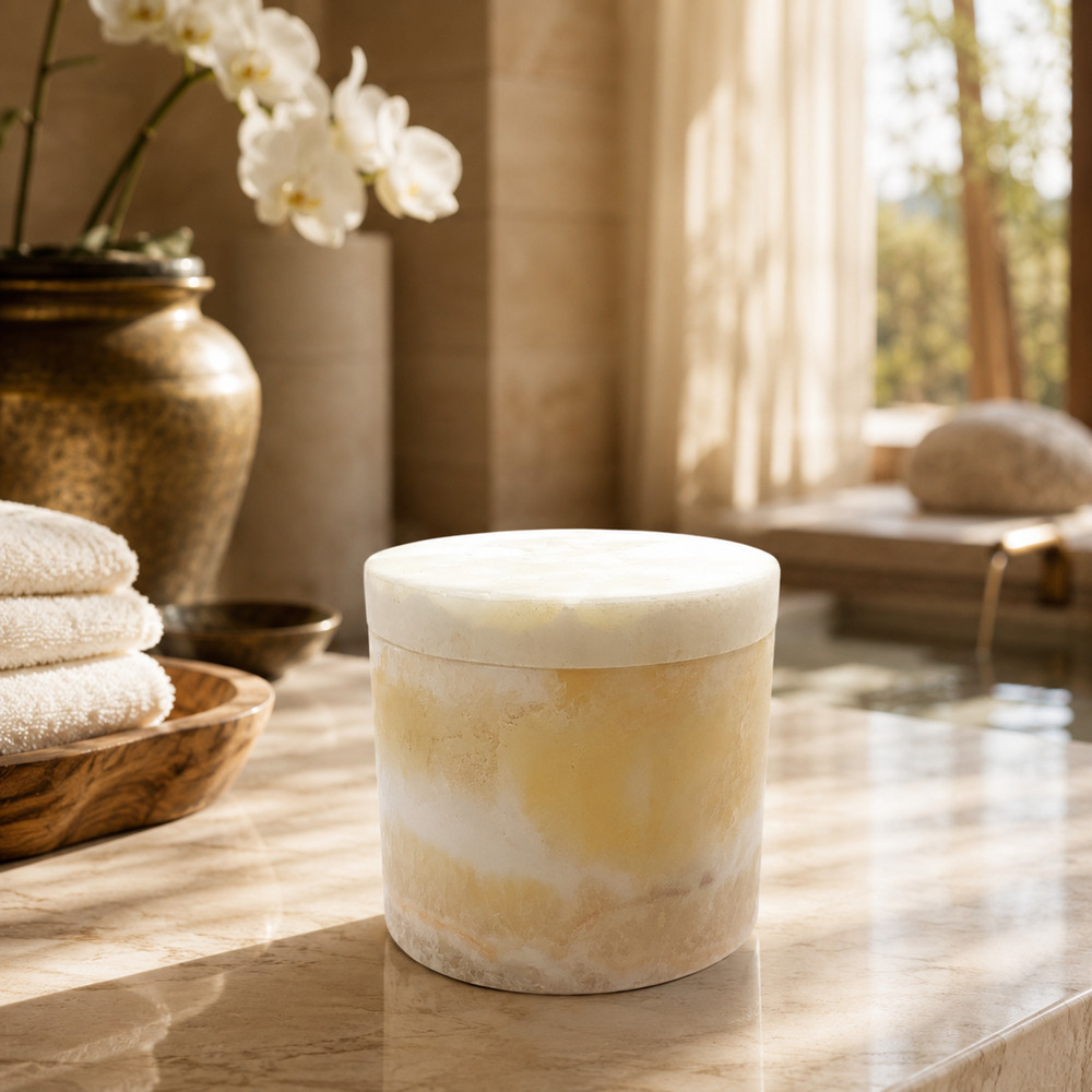 Vintage Alabaster Covered Trinket Box Cylinder Lidded Jar Made Egypt Modernist